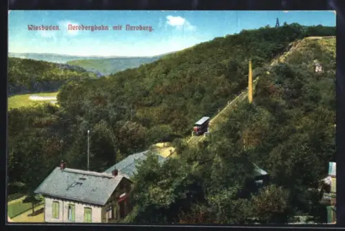 AK Wiesbaden, Nerobergbahn mit Neroberg aus der Vogelschau