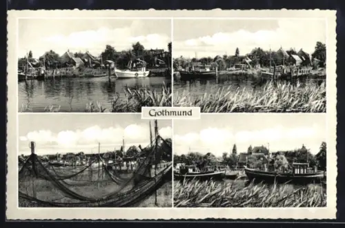AK Gothmund, Uferpartien mit Booten und Netzen