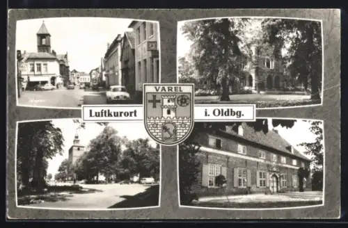 AK Varel / Oldenburg, Neuestrasse, Amtsgericht, Kirche, Waisenhaus, Wappen