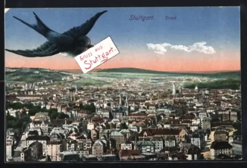 Grusskarten-AK Stuttgart, Schwalbe mit Gruss im Schnabel über der Stadt