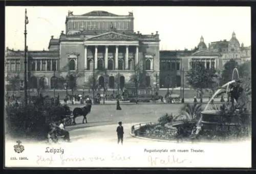 AK Leipzig, Augustusplatz mit neuem Theater, Brunnen und Strassenbahn