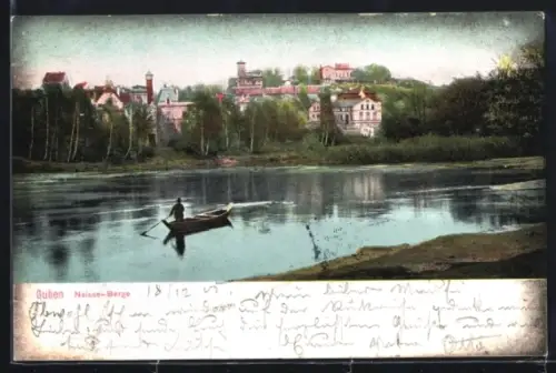 AK Guben, Neisse-Berge, Flussansicht mit Ruderboot und Stadtpanorama