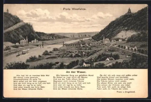 AK Porta Westfalica, Wesertal mit Kaiser-Wilhelm-Denkmal und Schifffahrt, Weser-Lied, Porta Westfalica