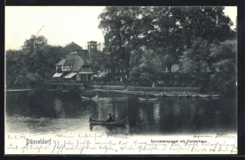 AK Düsseldorf, Schwanenspiegel mit Fischerhaus
