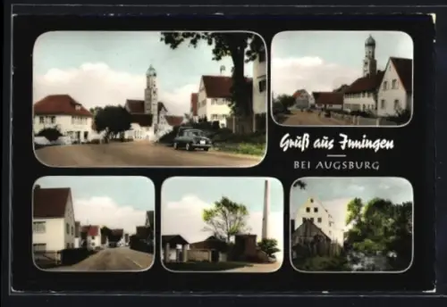 AK Inningen b. Augsburg, Ortsansichten mit Kirche und Strassenmotiven