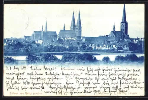 AK Lübeck, Stadtansicht von Marly gesehen, Kirchen und Altstadtpanorama