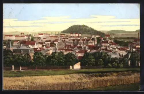AK Pössneck i. Th., Stadtansicht mit Feldern und Hügel im Hintergrund