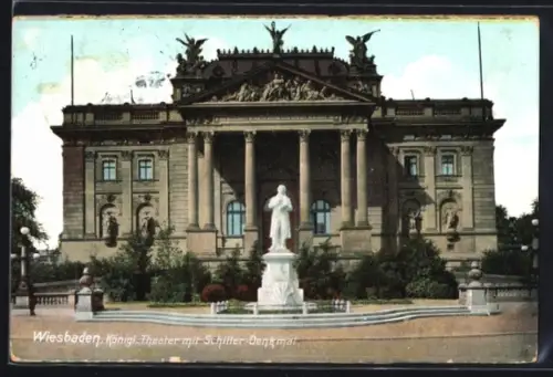 AK Wiesbaden, Königl. Theater, Schiller-Denkmal