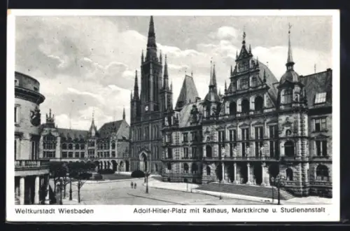 AK Wiesbaden, Platz mit Rathaus, Marktkirche, Studienanstalt