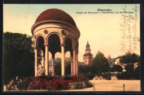 AK Wiesbaden, Tempel mit Restaurant und Aussichtsturm auf dem Neroberg