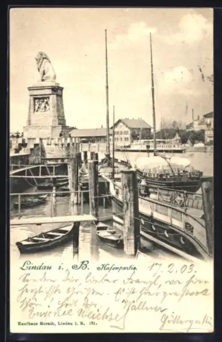 AK Lindau i. B., Hafenpartie mit Löwenstatue und Segelbooten
