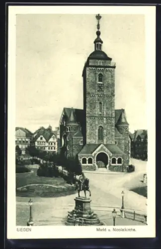 AK Siegen, Markt, Nicolaikirche, Reiterdenkmal