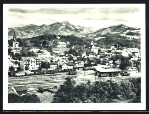 AK Miesbach, Bahnhof, Stadtansicht, Berge
