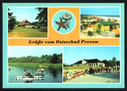 AK Prerow /Ribnitz-Damgarten, Rohrdachhaus, Campingplatz A/19, Wasserrettung auf dem Prerowstrom