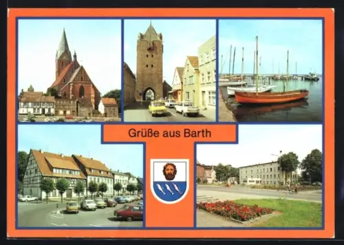 AK Barth, Kirche, Stadttor, Hafen, Marktplatz, verschiedene Ansichten