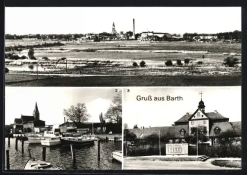 AK Barth /Ribnitz-Damgarten, Blick auf die Stadt, Hafen, sowjetisches Ehrenmal
