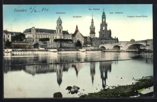 AK Dresden, Ständehaus, Georgentor, Kgl. Schloss, Kath. Hofkirche, Friedrich August-Brücke