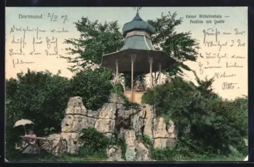 AK Dortmund, Kaiser Wilhelmshain, Pavillon mit Quelle