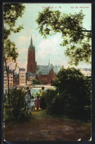 AK Frankfurt a. M., Auf der Maininsel, Blick auf Dom und Mainufer