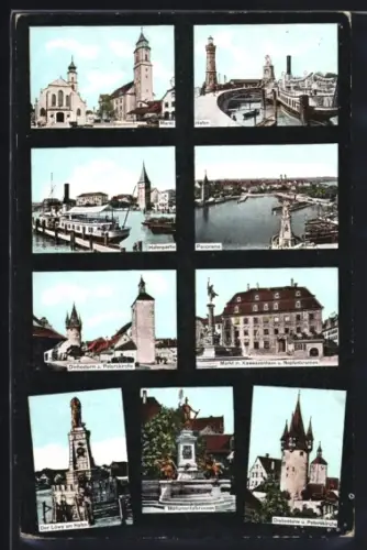 AK Lindau, Hafen, Diebsturm, Markt mit Kawazzenhaus u. Neptunbrunnen