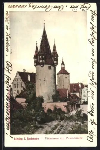 AK Lindau a. Bodensee, Diebsturm mit Peterskirche
