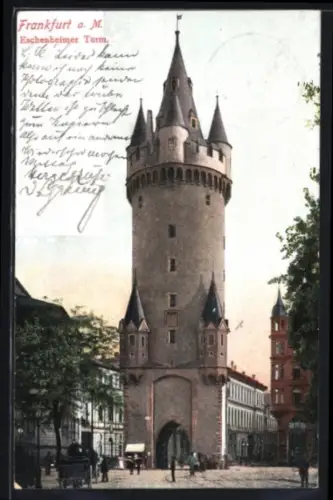AK Frankfurt a. M., Eschenheimer Turm mit Strasse