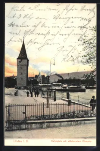 AK Lindau i. B., Hafenplatz mit abfahrendem Dampfer