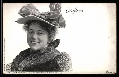 AK Lachende Frau mit Schleife am Hut