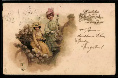 Lithographie Damen mit Hut bei einer Kutschfahrt