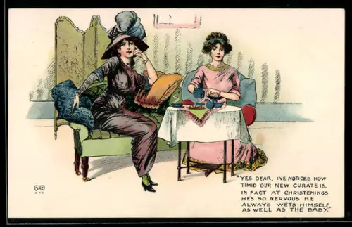 AK Frau mit Hut bei der Teestunde mit der Freundin