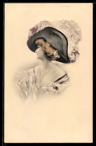AK Junge Frau mit extravagantem Hut
