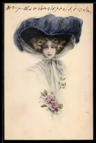 Künstler-AK Schilbach: Blonde Schönheit mit übergrossem Federhut