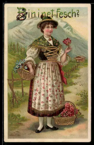 AK Mädchen in bayerischer Tracht mit Blumenkorb