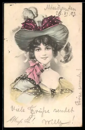 AK Junge Dame mit Schleife und Federn am Hut