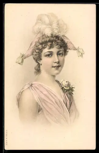 Lithographie Porträt einer jungen Dame mit modischem Hut