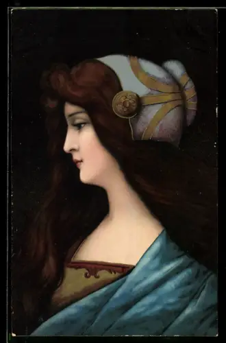 AK Seitenporträt einer langhaarigen Dame mit Hut