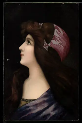 AK Seitenporträt einer langhaarigen Dame mit Hut