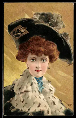 Präge-AK Elegante Dame mit Hut