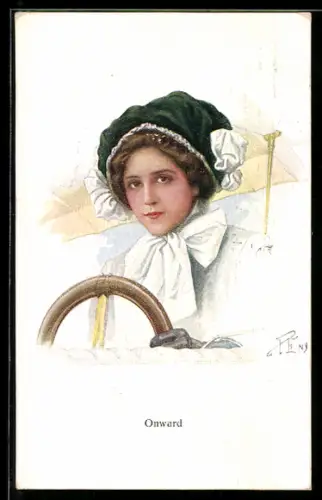 AK Frau mit Hut am Steuer eines Autos