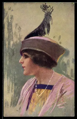 AK Elegante Dame mit Hut im Seitenporträt