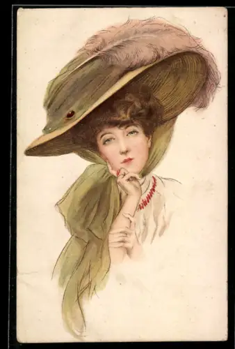 AK Elegante Dame mit grossem Hut