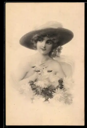 AK Junges Mädchen mit Hut hält Blumen im Arm