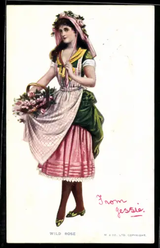 AK Junge Frau mit Hut trägt einen Korb voller Blumen