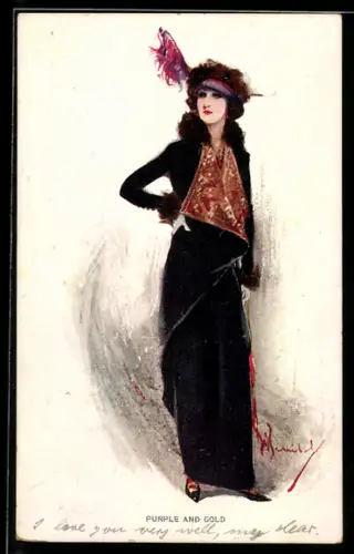 AK Elegante junge Dame mit Federn am Hut