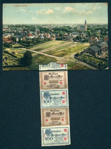 Leporello-AK Gütersloh, Ortsansicht mit Geldscheinen Reichsbanknote 100 und 1000 Mark