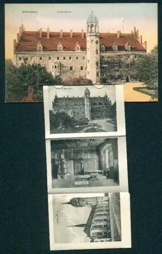 Leporello-AK Wittenberg, Lutherhaus, Lutherdenkmal, Schlosskirche, Luthereiche