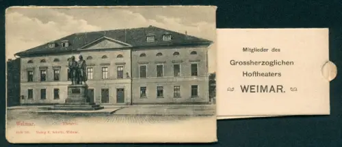 Leporello-AK Weimar, Theater mit Reiterstandbild, Mitglieder des Hoftheaters mit Autographen, F. Bucar, Rudolf Gmür