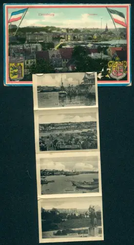Leporello-AK Flensburg, Stadtpark, Hafenansicht, Blick von Duburg, Wappen