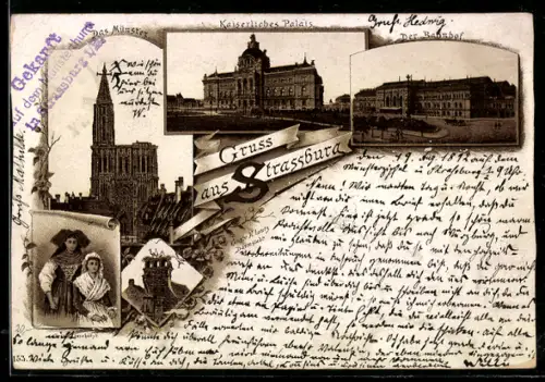 Vorläufer-Lithographie Strassburg, 1892, Kaiserliches Palais, Münster, Frauen in Trachten