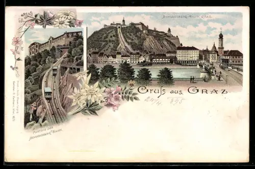 Vorläufer-Lithographie Graz, 1895, Schlossbergbahn, Brückenpartie